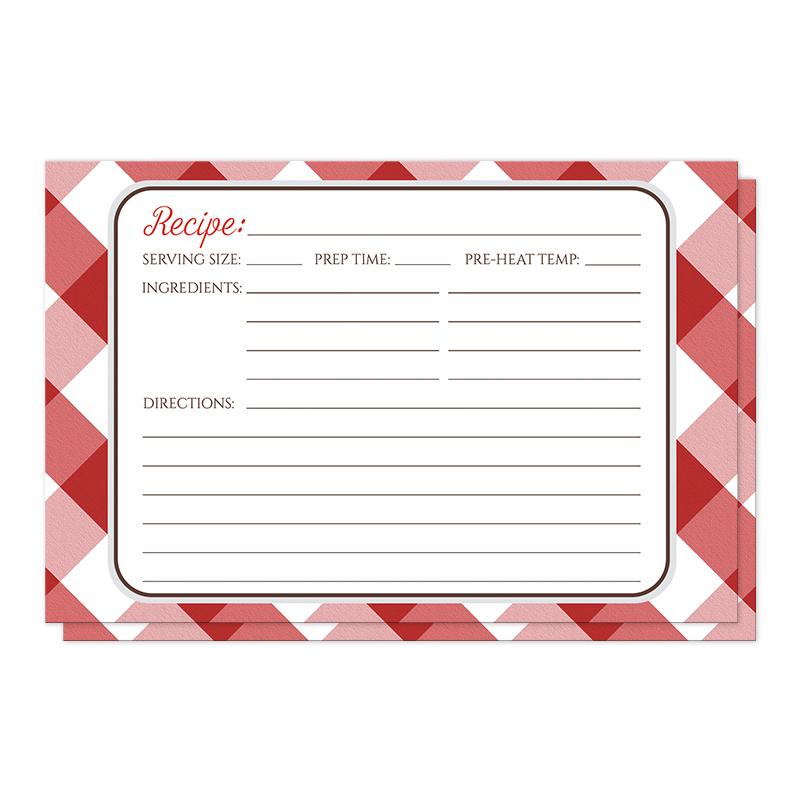 Red Gingham Recipe Cards (front) at Artistically Invited. Red gingham recipe cards designed with a diagonal white and red gingham pattern background. The recipe is to be handwritten over a white rectangular area outlined in brown and light gray centered over the red gingham background.