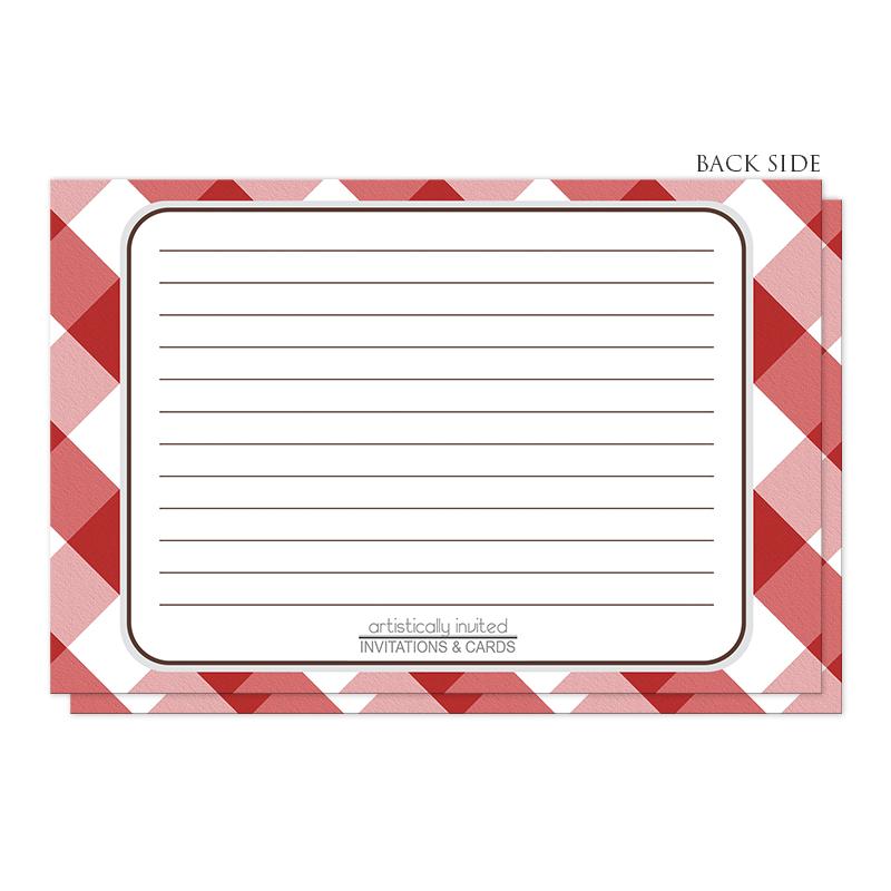 Red Gingham Recipe Cards (back side) at Artistically Invited. Red gingham recipe cards designed with a diagonal white and red gingham pattern background. The recipe is to be handwritten over a white rectangular area outlined in brown and light gray centered over the red gingham background.