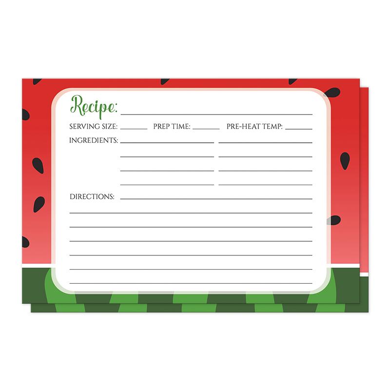 Red and Green Watermelon Recipe Cards (front side) at Artistically Invited. Red and green watermelon recipe cards in which your recipe is to be handwritten over a white rectangular area with a transparent outline centered over a yummy looking red and green watermelon background design.