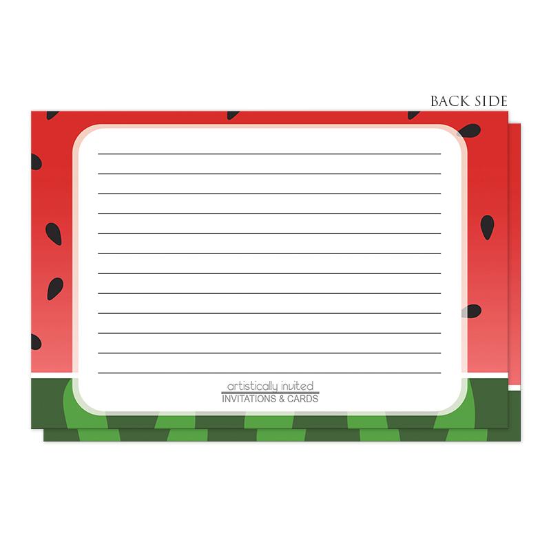 Red and Green Watermelon Recipe Cards (back side) at Artistically Invited. Red and green watermelon recipe cards in which your recipe is to be handwritten over a white rectangular area with a transparent outline centered over a yummy looking red and green watermelon background design.