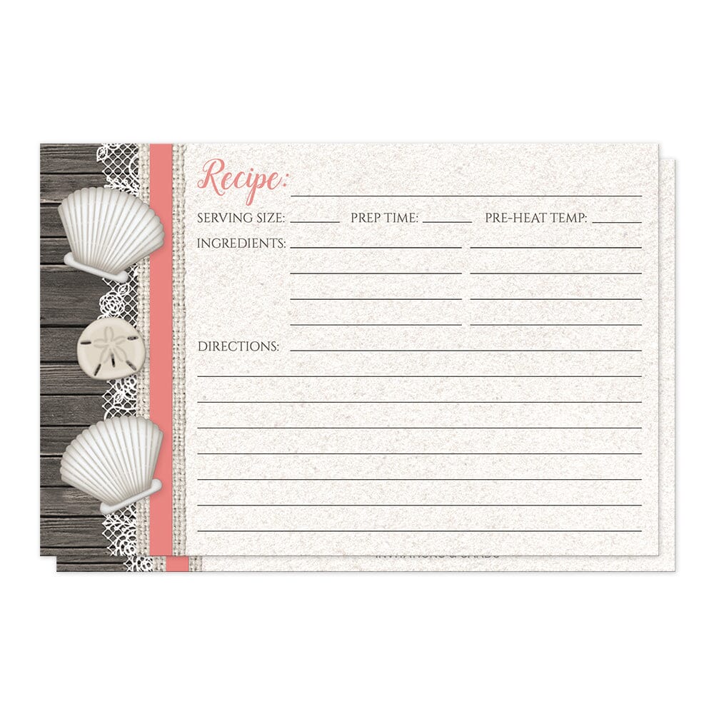 Seashell Lace Wood and Sand Coral Beach Recipe Cards (front side) at Artistically Invited.
