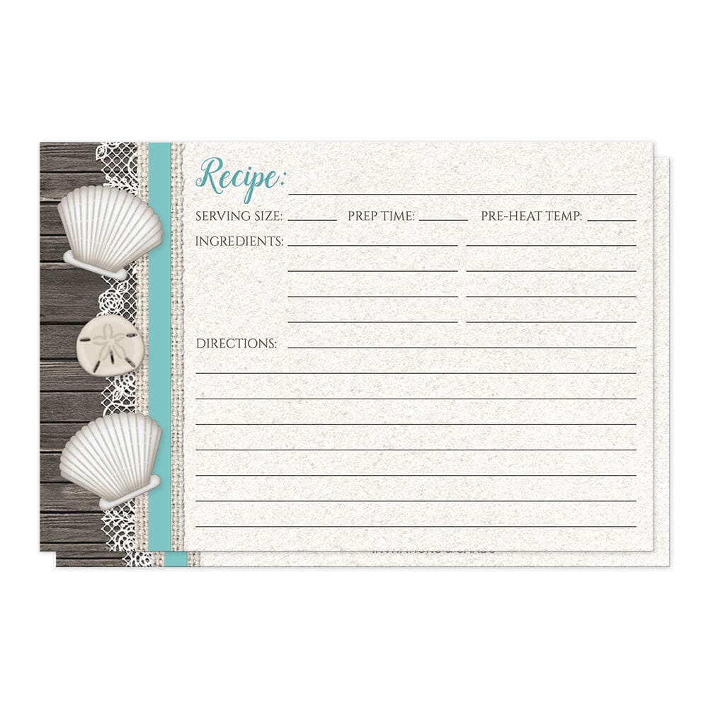 Seashell Lace Wood and Sand Teal Beach Recipe Cards (front side) at Artistically Invited.