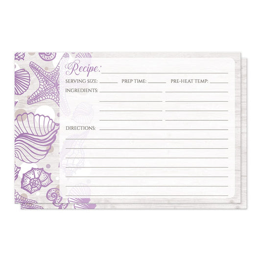Seashell Whitewashed Wood Purple Beach Recipe Cards at Artistically Invited. Seashell whitewashed wood purple beach recipe cards designed with a purple seashell outline drawing and tan and white dots along the left side, over a light whitewashed wood background illustration. The recipe on these beach recipe cards is to be handwritten over a lightened rectangular area of the design on the remaining area of the recipe cards.