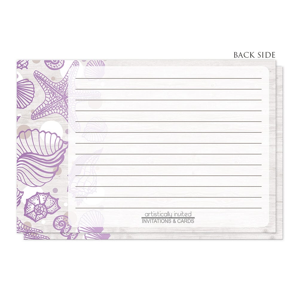 Seashell Whitewashed Wood Purple Beach Recipe Cards (back side) at Artistically Invited. Seashell whitewashed wood purple beach recipe cards designed with a purple seashell outline drawing and tan and white dots along the left side, over a light whitewashed wood background illustration. The recipe on these beach recipe cards is to be handwritten over a lightened rectangular area of the design on the remaining area of the recipe cards.