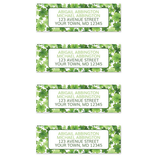 Shamrocks and 4-Leaf Clovers Address Labels (4 to a sheet) at Artistically Invited. Shamrocks and 4-leaf clovers address labels personalized with your return address. These address labels are custom printed with your return address in green inside a white rectangular area outlined in dark green over a gorgeously green pattern design background with shamrocks and 4-leaf clovers in varying sizes and shades of green.