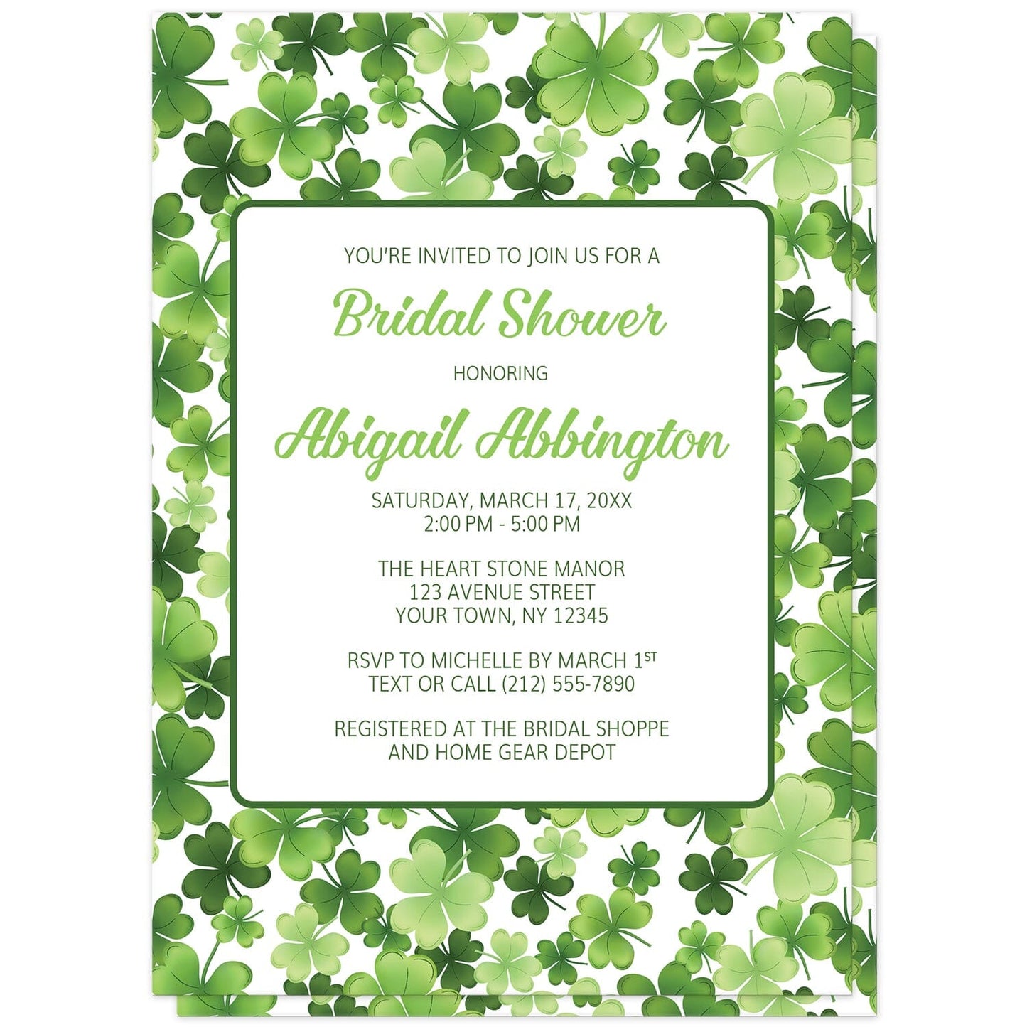 Shamrocks and 4-Leaf Clovers Bridal Shower Invitations (front) at Artistically Invited. Shamrocks and 4-leaf clovers bridal shower invitations designed with a gorgeous luck-inspired green pattern background with shamrocks and 4-leaf clovers in varying sizes and shades of green. Your personalized bridal shower celebration details are arranged in green on white over the shamrocks and clovers pattern.