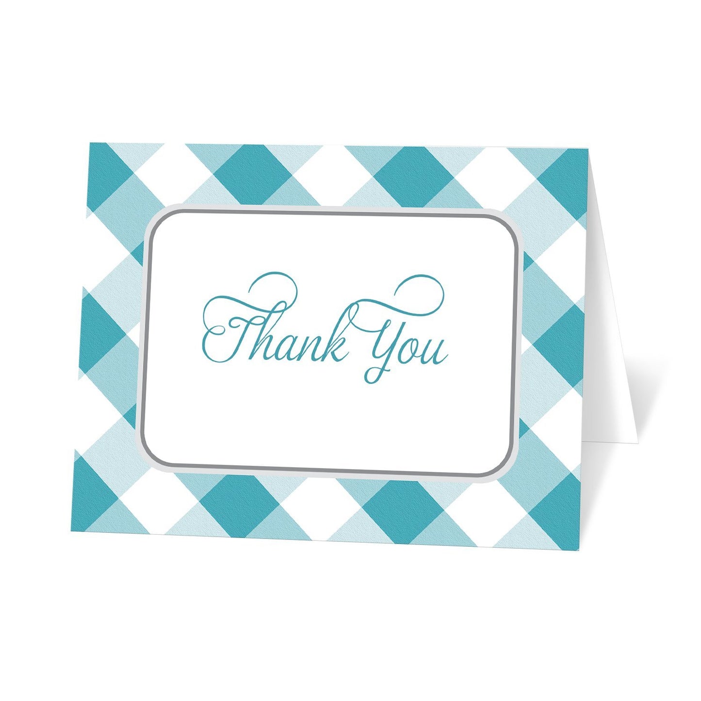 Turquoise Gingham Thank You Cards at Artistically Invited. Turquoise gingham thank you cards with 'Thank You' printed in a turquoise script font inside a white rounded corner frame outlined in gray. The background of these turquoise gingham thank you cards is a classic southern turquoise and white gingham pattern.