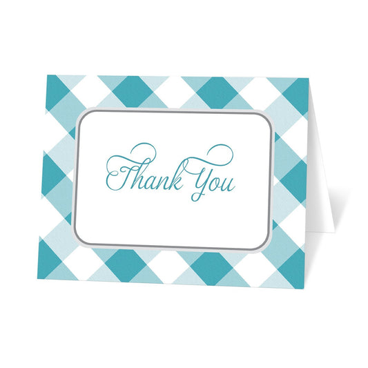 Turquoise Gingham Thank You Cards at Artistically Invited. Turquoise gingham thank you cards with 'Thank You' printed in a turquoise script font inside a white rounded corner frame outlined in gray. The background of these turquoise gingham thank you cards is a classic southern turquoise and white gingham pattern. 