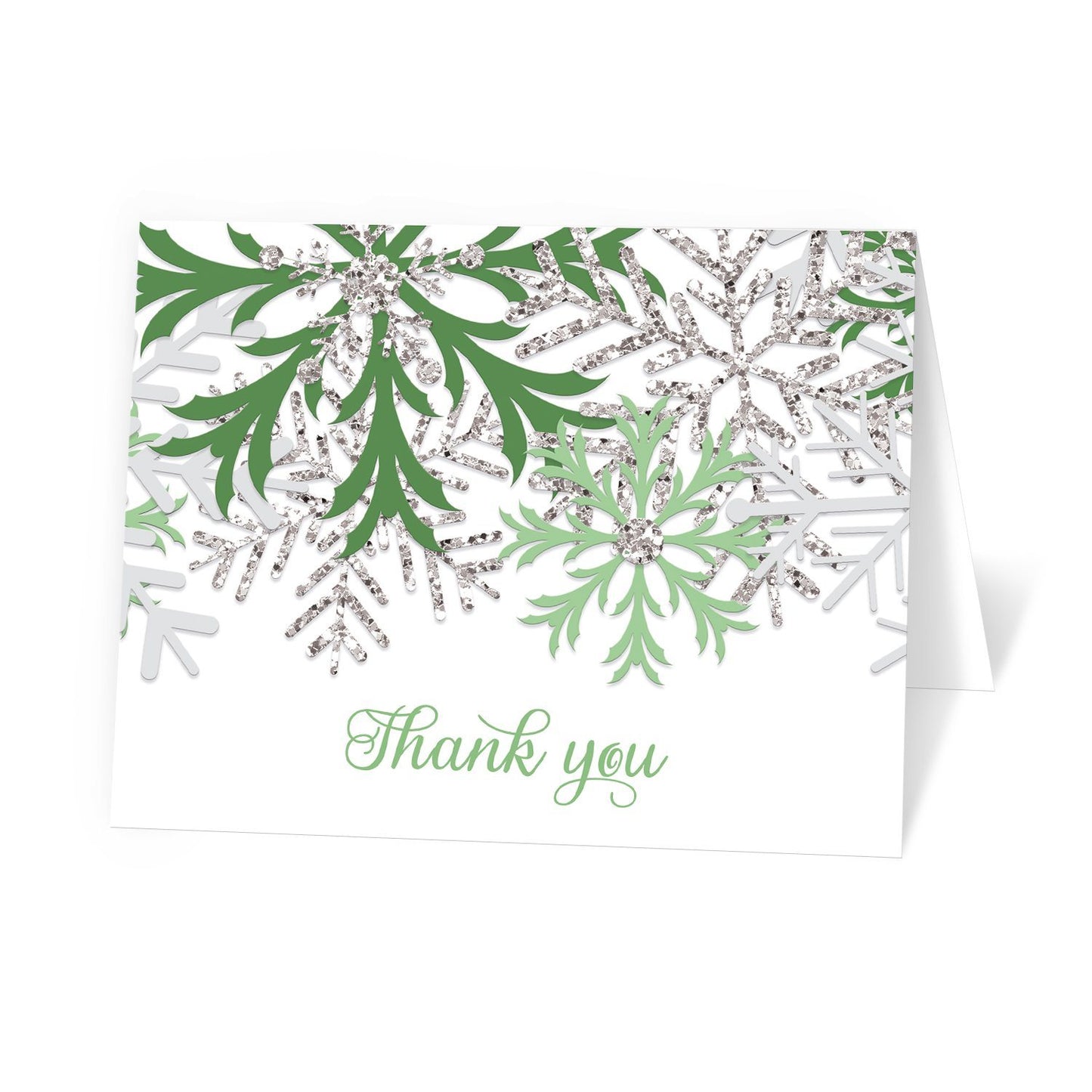 Winter Green Silver Snowflake Thank You Cards at Artistically Invited. Winter green silver snowflake thank you cards with green and silver-colored glitter-illustrated snowflakes over a white background and 'Thank you' printed in a whimsical green script font.