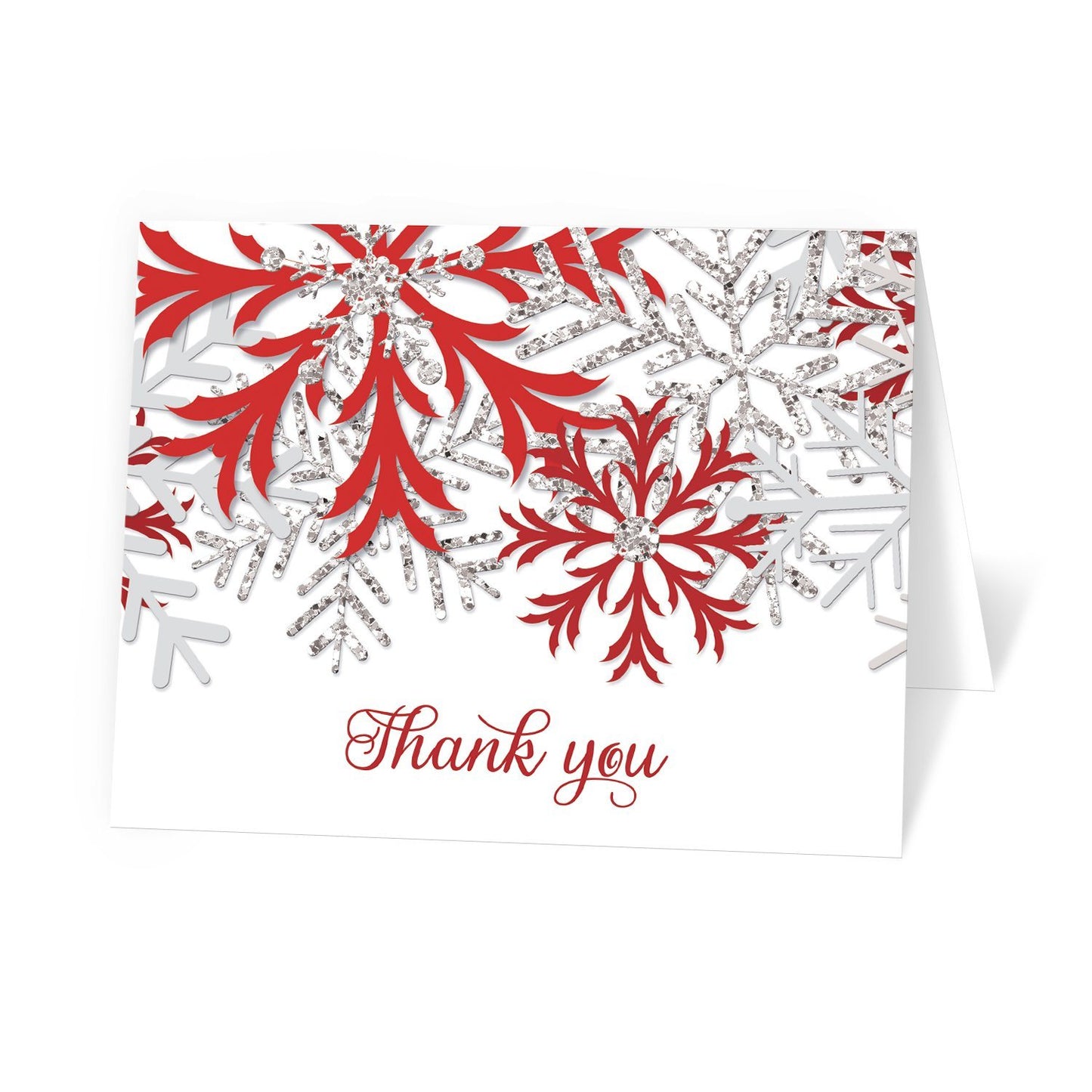 Winter Red Silver Snowflake Thank You Cards at Artistically Invited. Winter red silver snowflake thank you cards with red and silver-colored glitter-illustrated snowflakes over a white background and 'Thank you' printed in a whimsical red script font.