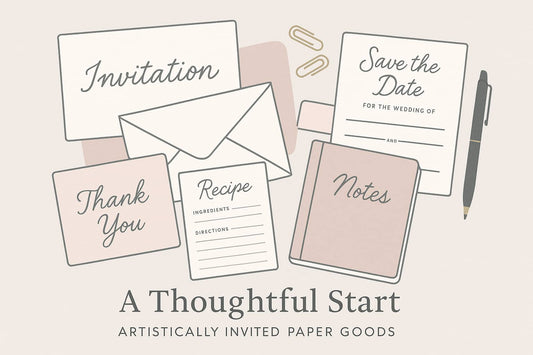 Flat lay illustration of paper goods from Artistically Invited, including an invitation, save the date card, thank you card, recipe card, journal, envelope, and pen, with the title ‘A Thoughtful Start’ and soft neutral colors.