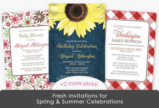 Fresh Invitations for Spring & Summer Celebrations at Artistically Invited. Image shows invite examples with wildflowers, sunflowers, and red gingham, plus 2 more picks.