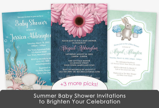 Under the Sea, Pink Daisy Denim, and Mint Green Rabbit Baby Shower Invitations, plus 3 additional picks, for the Summer Baby Shower Invitations to Brighten Your Celebration blog post.