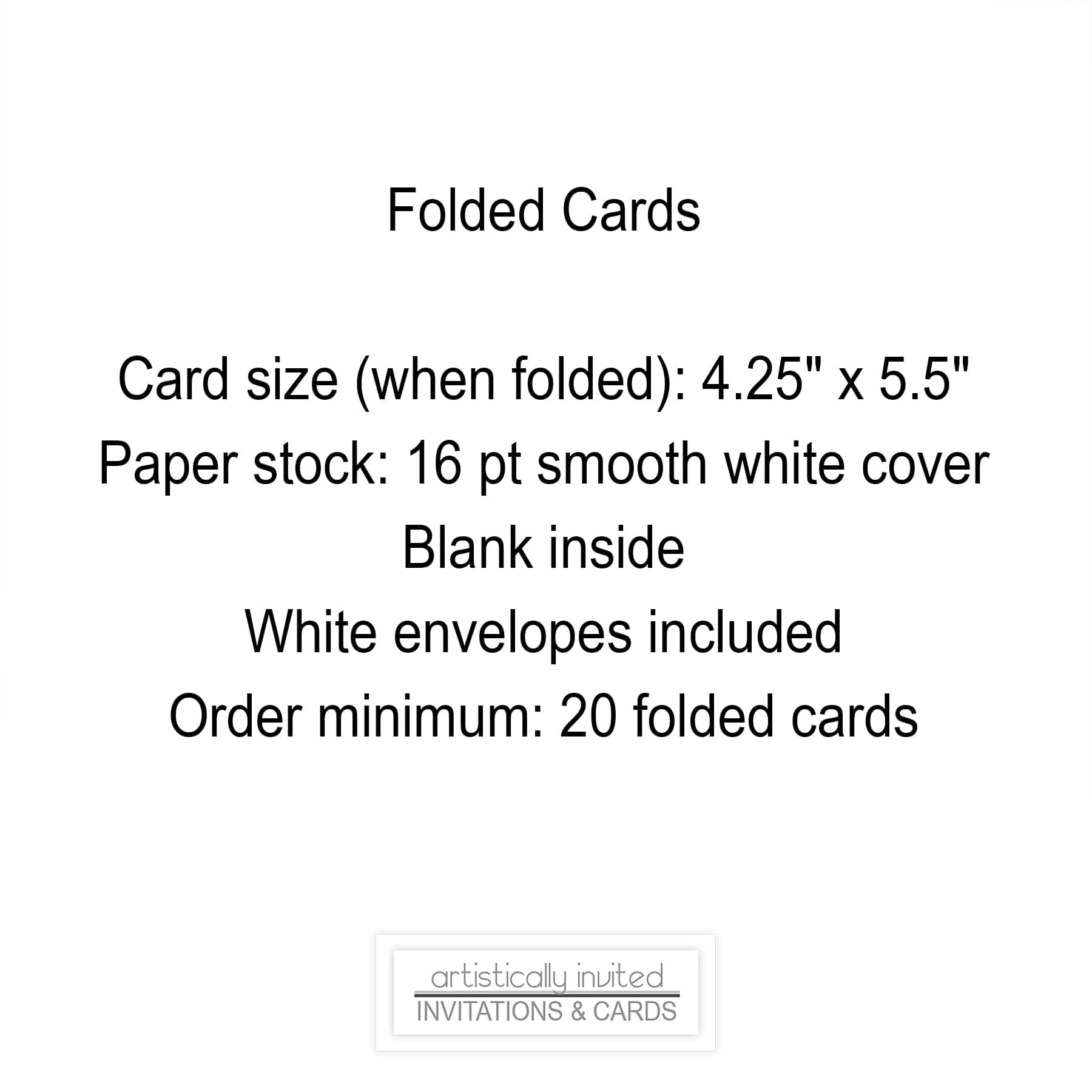 Specifications for folded cards at Artistically Invited, displaying card size, paper type, and more.