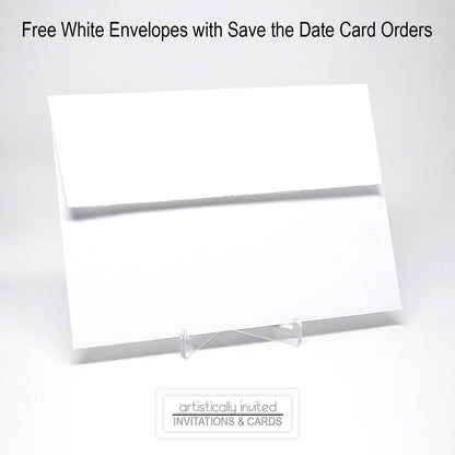 A white envelope standing upright on a clear display stand against a light gray background, with text at the top reading 'Free White Envelopes with Save the Date Card Orders'.