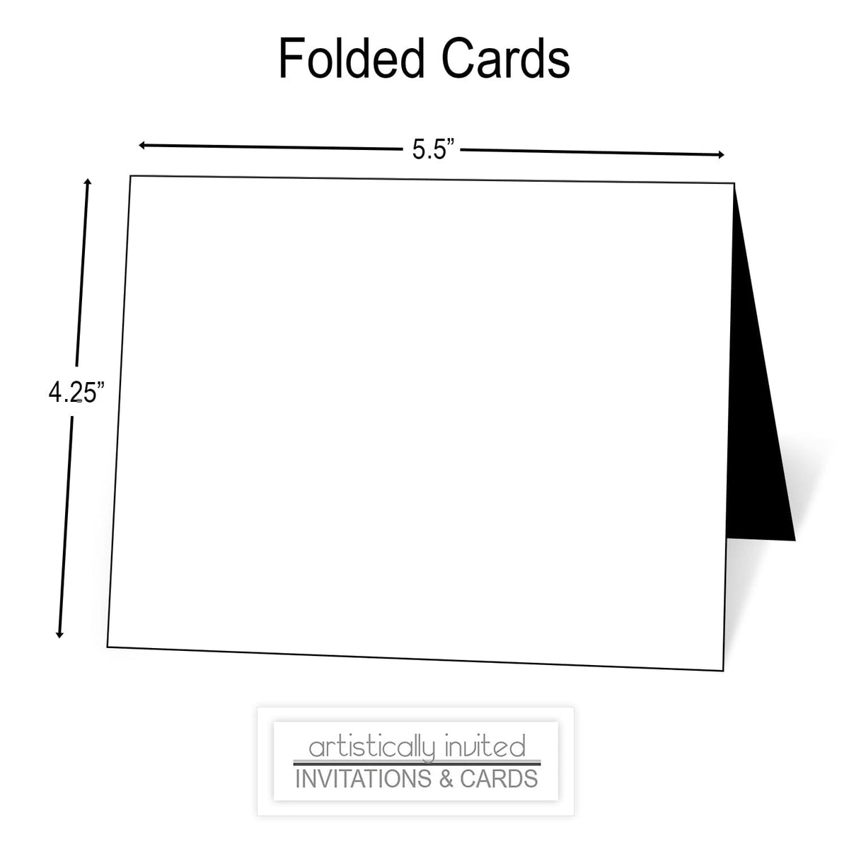 A simple product diagram showing a folded card with dimension labels: 5.5 inches by 4.25 inches