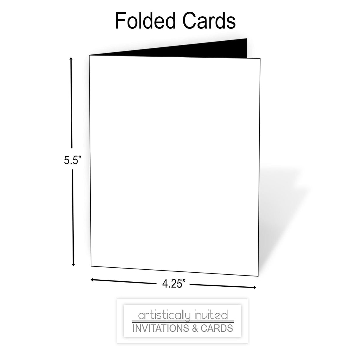 A simple product diagram showing a folded card with dimension labels: 4.25 inches by 5.5 inches