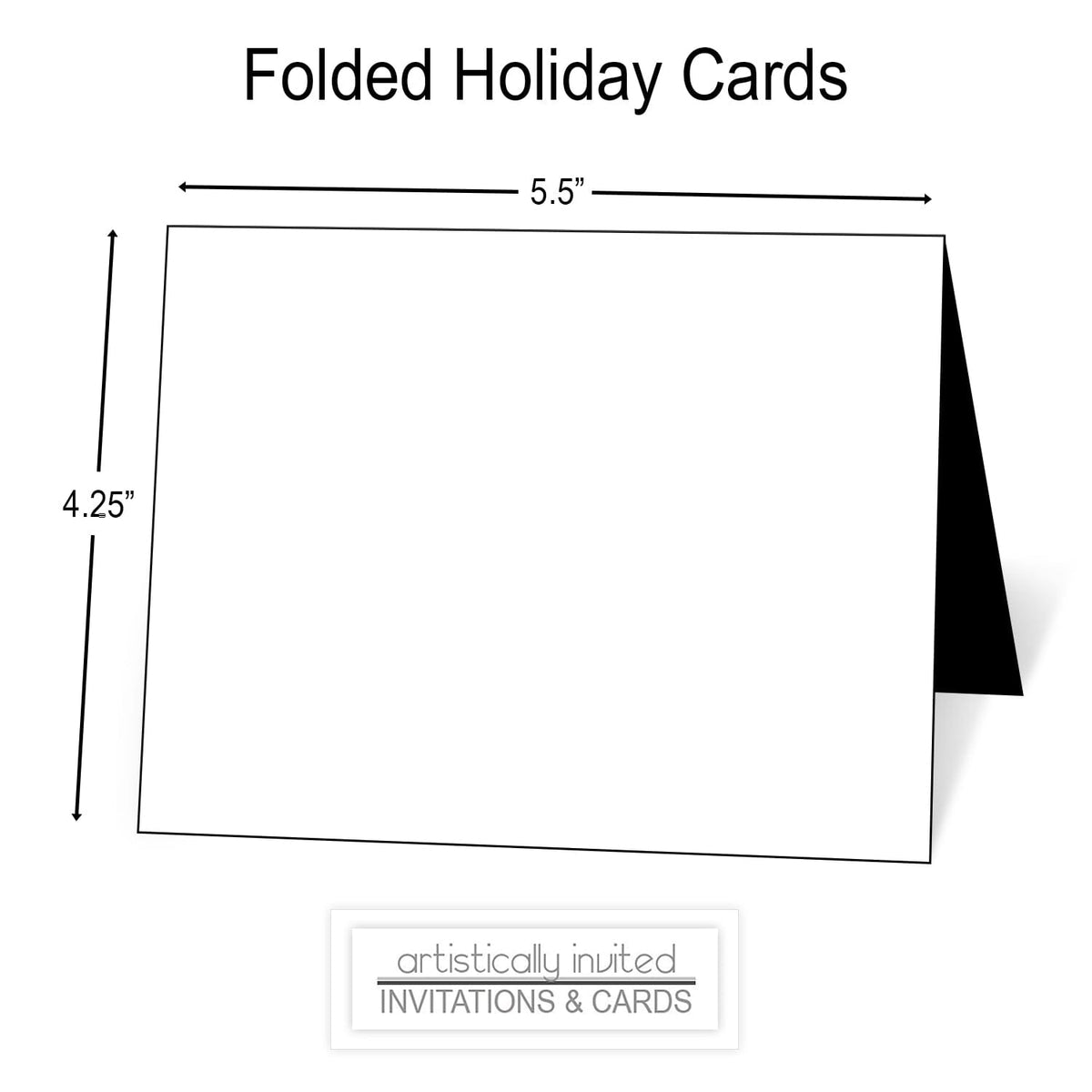 A simple product diagram showing a folded holiday card with dimension labels: 5.5 inches by 4.25 inches