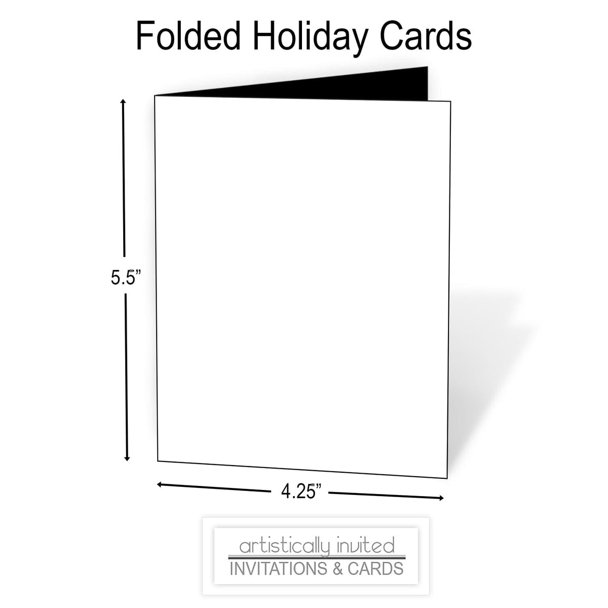 A simple product diagram showing a folded holiday card with dimension labels: 4.25 inches by 5.5 inches