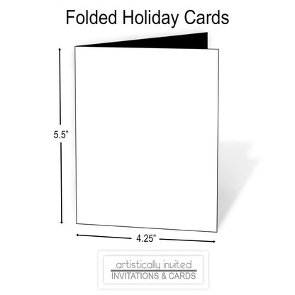 A simple product diagram showing a folded holiday card with dimension labels: 4.25 inches by 5.5 inches