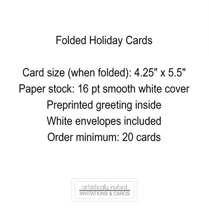 Text listing for folded holiday cards on a white background, with dimensions, paper stock, preprinted greeting mention, white envelopes included, and an order minimum of 20 cards.