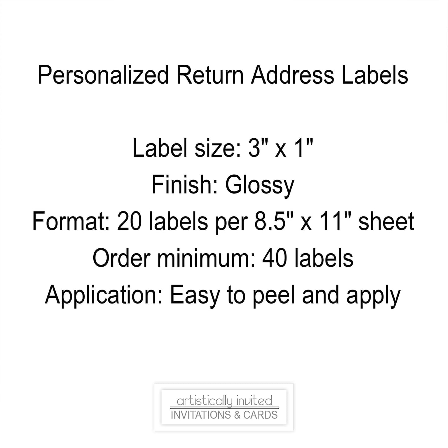 Product specifications image for personalized return address labels at Artistically Invited.