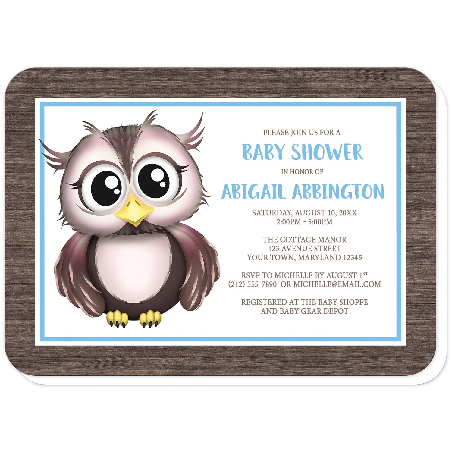Adorable Owl Blue and Brown Baby Shower Invitations (with rounded corners) at Artistically Invited. Adorable owl blue and brown baby shower invitations with an illustration of a cute brown owl and a rustic brown wood frame background design. This cute little owl stands inside a white rectangle outlined in blue and white. The personalized information you provide for your baby shower celebration will be printed in blue and brown over white to the right of the cute owl.