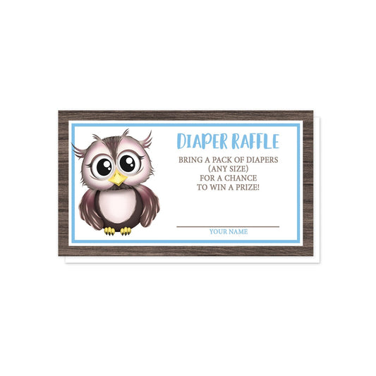 Adorable Owl Blue and Brown Diaper Raffle Cards at Artistically Invited.