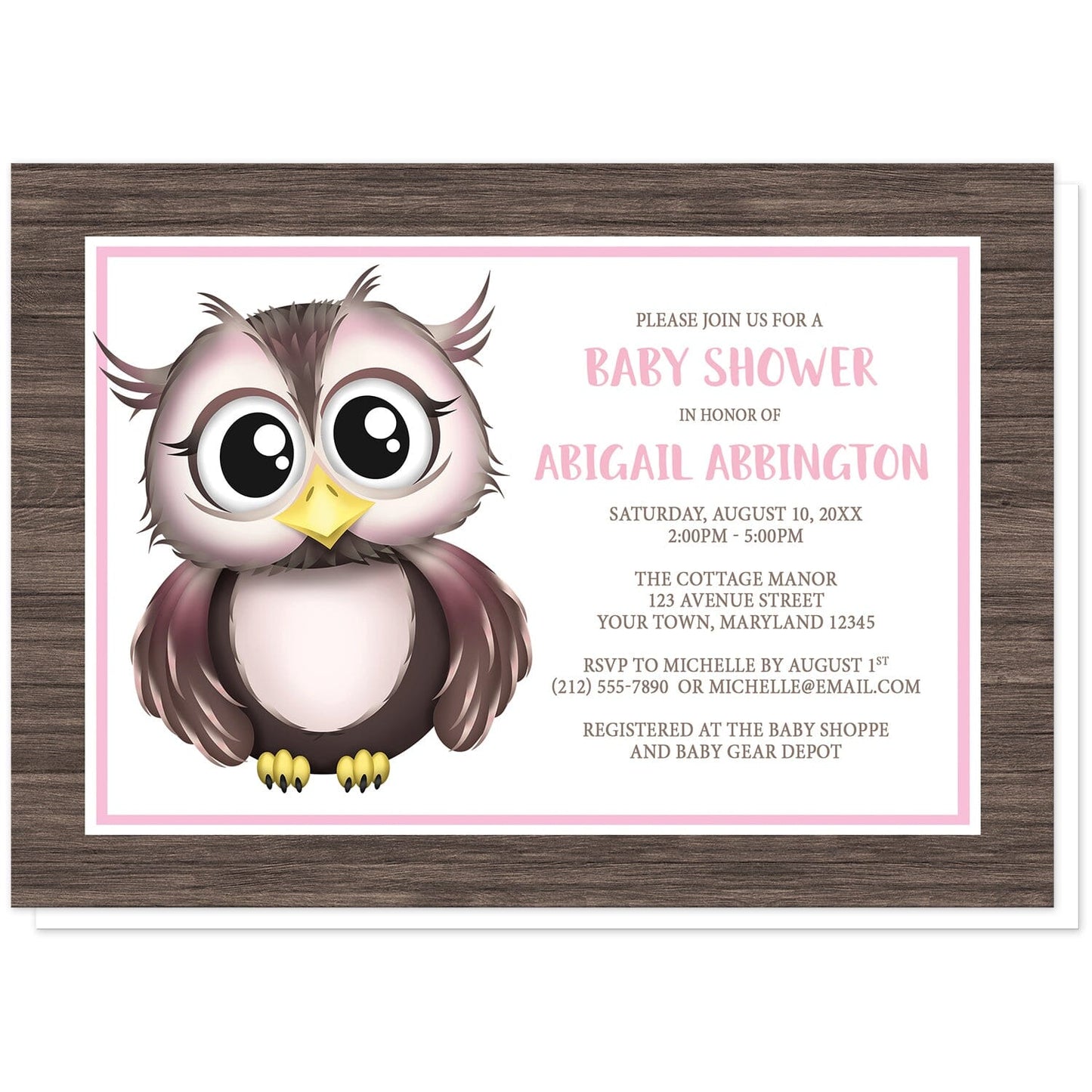 Adorable Owl Pink and Brown Baby Shower Invitations at Artistically Invited. Adorable owl pink and brown baby shower invitations with an illustration of a cute pink and brown owl and a rustic brown wood frame background design. This cute little owl stands inside a white rectangle outlined in pink and white. The personalized information you provide for your baby shower celebration will be printed in pink and brown over white. 