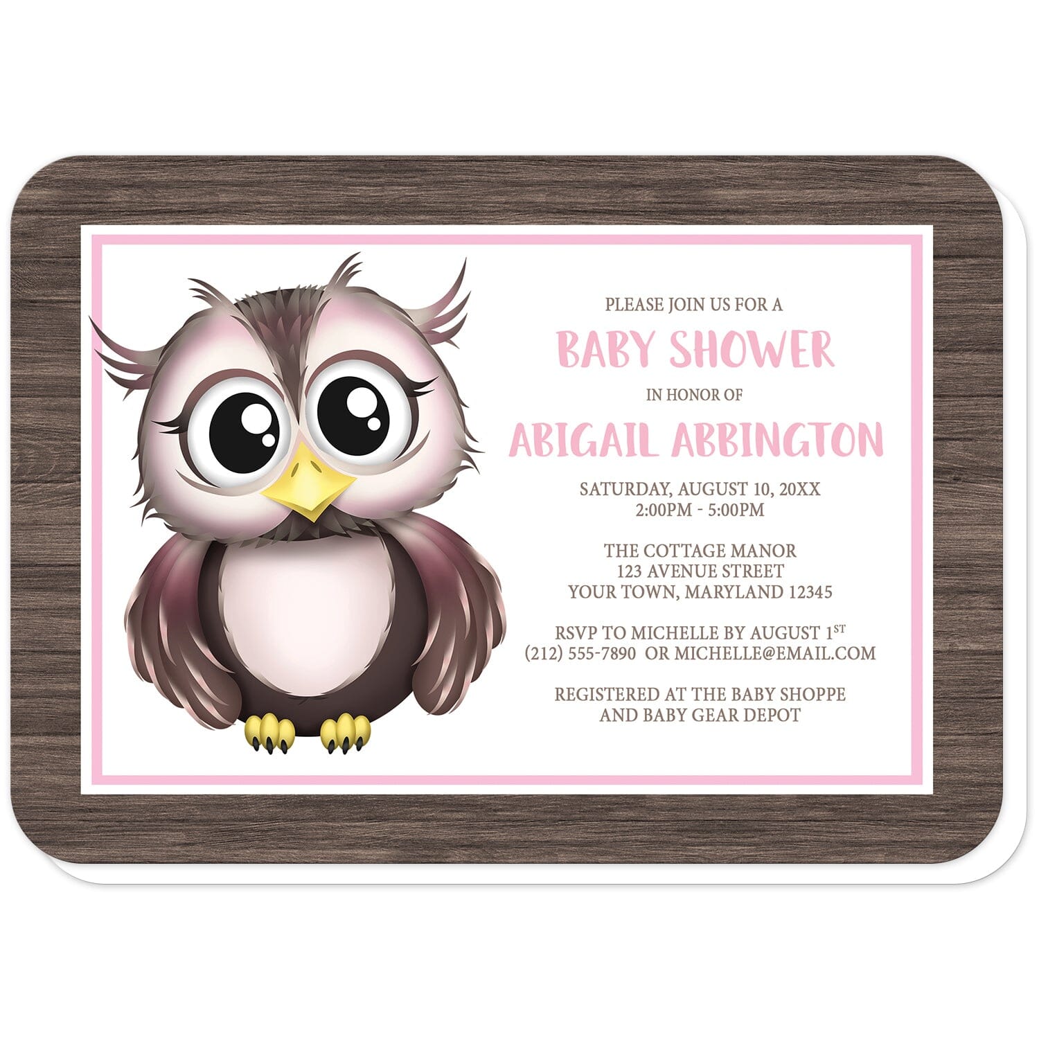 Adorable Owl Pink and Brown Baby Shower Invitations (with rounded corners) at Artistically Invited. Adorable owl pink and brown baby shower invitations with an illustration of a cute pink and brown owl and a rustic brown wood frame background design. This cute little owl stands inside a white rectangle outlined in pink and white. The personalized information you provide for your baby shower celebration will be printed in pink and brown over white. 