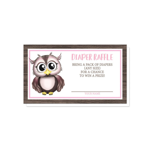 Adorable Owl Pink and Brown Diaper Raffle Cards at Artistically Invited. Adorable owl pink and brown diaper raffle cards with an illustration of a cute pink and brown owl and a rustic brown wood frame background design around the cards. This cute little owl stands on the left side of the cards inside a white rectangle outlined in pink and white. Your diaper raffle details are printed in pink and brown in the white rectangular area over the wood design to the right of the cute owl.