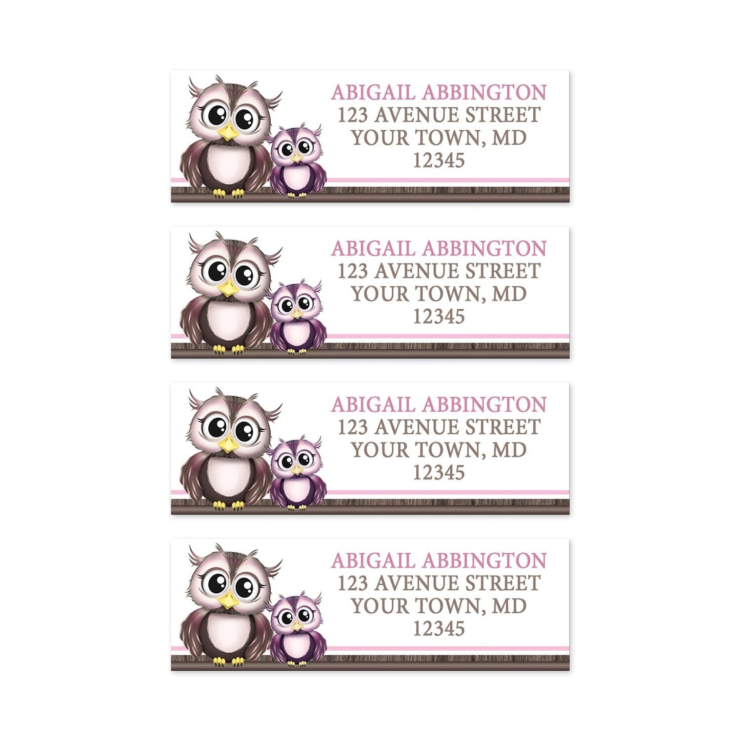 4 Adorable Pink Owl and Purple Baby Owl Address Labels on a white background