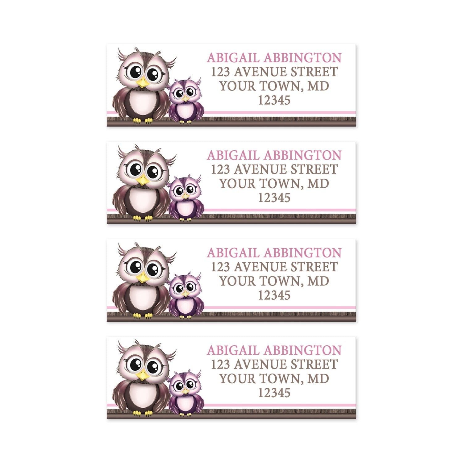 4 Adorable Pink Owl and Purple Baby Owl Address Labels on a white background