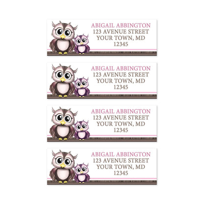 4 Adorable Pink Owl and Purple Baby Owl Address Labels on a white background
