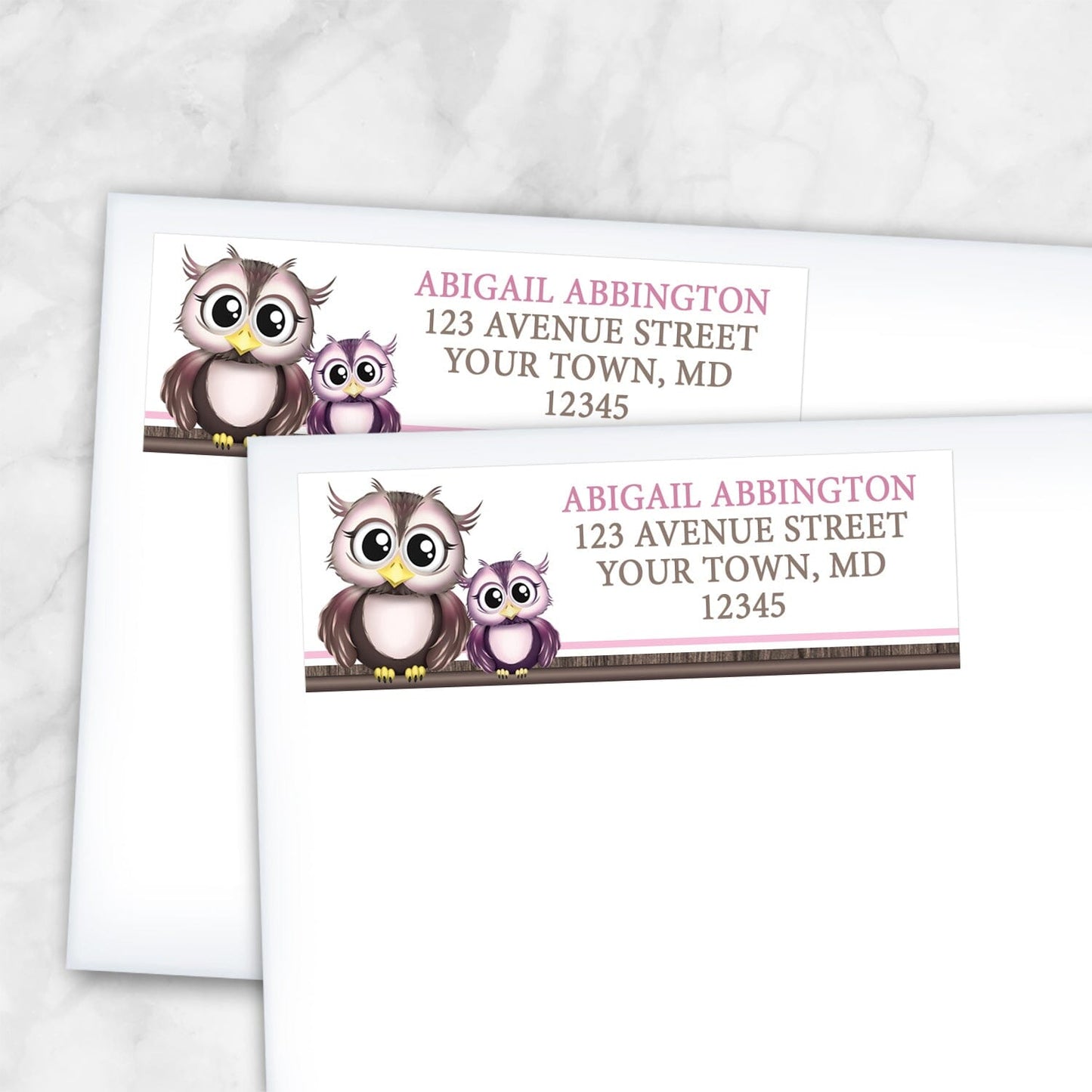 2 Adorable Pink Owl and Purple Baby Owl Address Labels shown on white envelopes on a marble surface