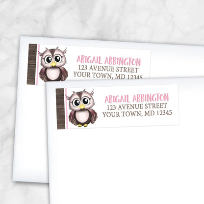 2 Adorable Pink and Brown Owl Address Labels shown on white envelopes on a marble surface