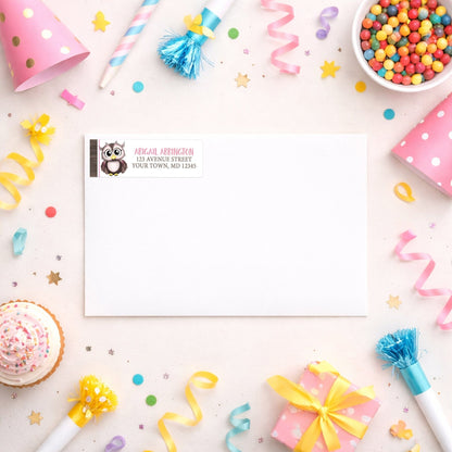 Adorable Pink and Brown Owl Address Label shown on a white envelope with party supplies