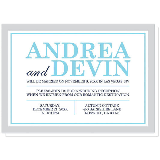 Aqua Navy Gray Winter Reception Only Invitations at Artistically Invited. Aqua navy gray winter reception only invitations with a simple minimalist aqua blue, navy blue, and light gray typography design. Your personalized reception only invitation details are custom printed in aqua and navy blue. The edge of these invitations has a gray and aqua blue border. They're perfect for winter wedding receptions and for wedding celebrations that have an aqua, navy, and gray color scheme.