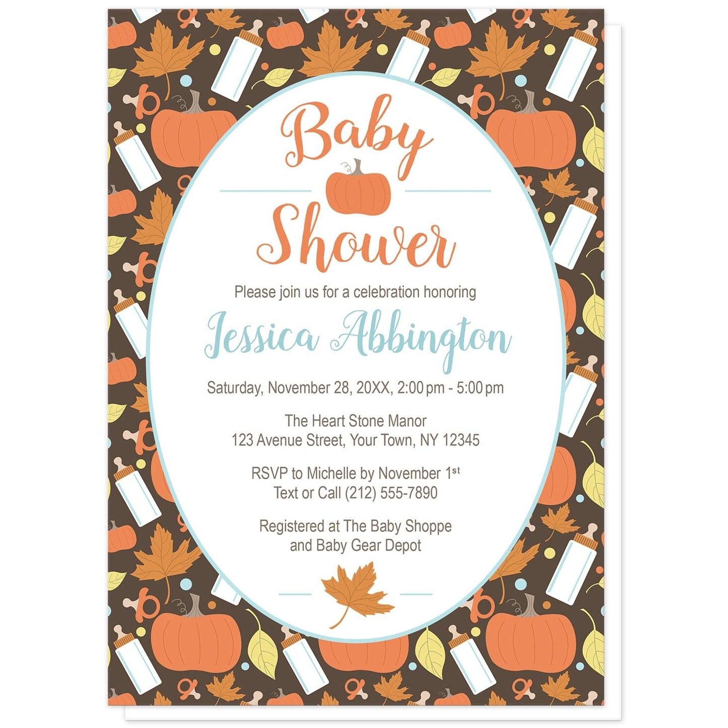 Autumn Baby Pumpkin Pattern Baby Shower Invitations at Artistically Invited. Autumn baby pumpkin pattern baby shower invitations with a cute pattern mixing fall pumpkins and leaves with baby bottles and pacifiers. Your personalized autumn baby shower invitation details are custom printed in orange, light teal, and brown in a white oval over this adorable illustrated fall baby pattern background.