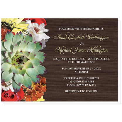 Autumn Floral Bouquet Wood Wedding Invitations at Artistically Invited. Autumn floral bouquet wood wedding invitations with a floral bouquet theme that includes a green succulent, yellow sunflowers, white and red roses, and a marigold over a dark brown rustic wood background design. Your personalized wedding details are custom printed in white and a muted yellow over the wood background.