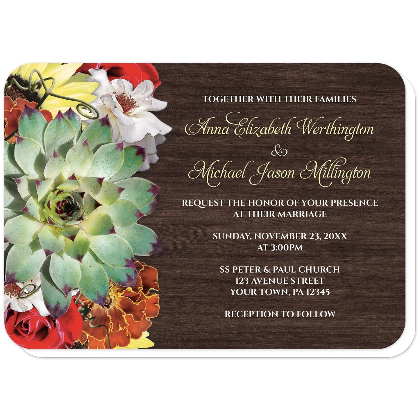 Autumn Floral Bouquet Wood Wedding Invitations (with rounded corners) at Artistically Invited. Autumn floral bouquet wood wedding invitations with a floral bouquet theme that includes a green succulent, yellow sunflowers, white and red roses, and a marigold over a dark brown rustic wood background design. Your personalized wedding details are custom printed in white and a muted yellow over the wood background.