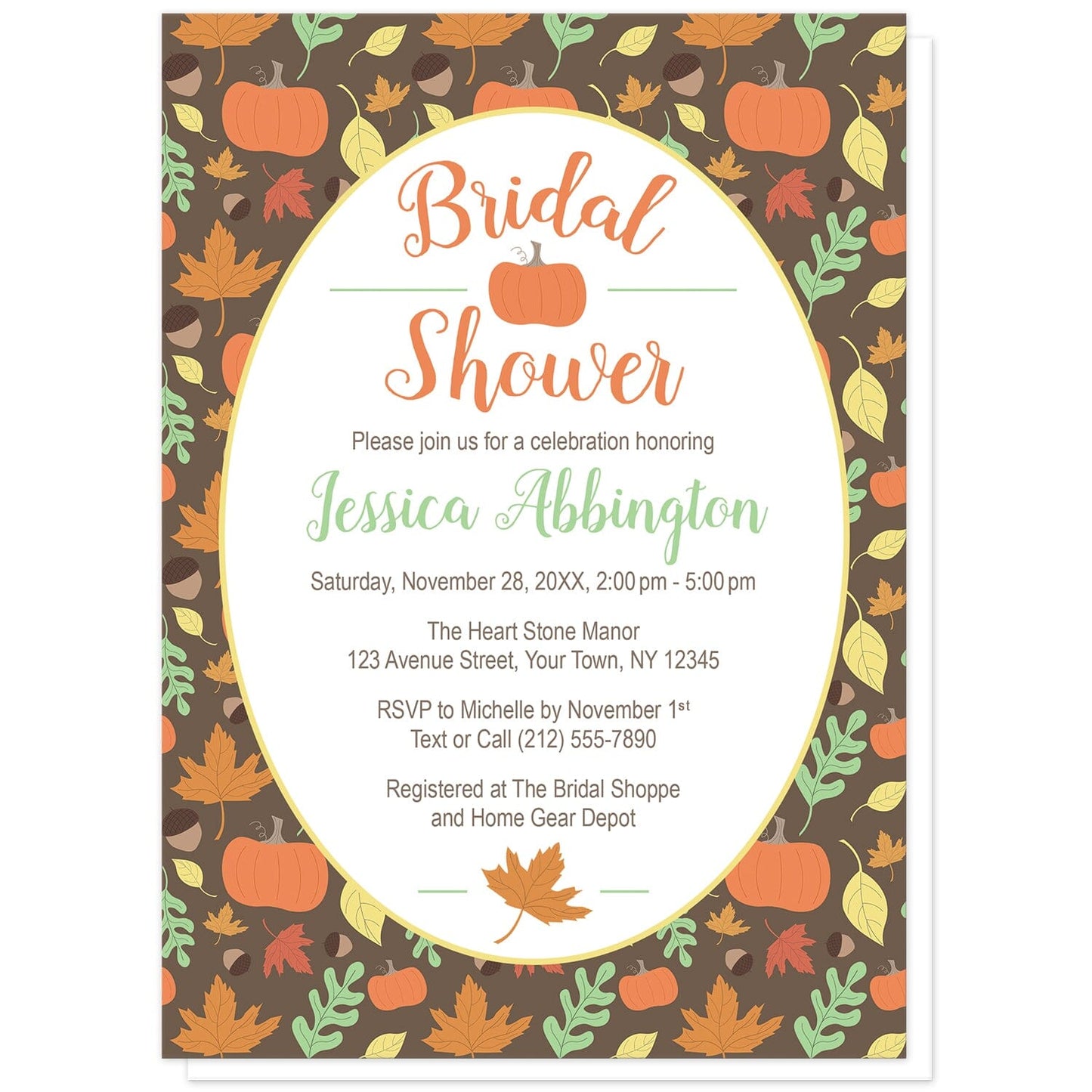 Autumn Pumpkins and Leaves Pattern Bridal Shower Invitations at Artistically Invited. Seasonally fun autumn pumpkins and leaves pattern bridal shower invitations with a cute pattern of orange pumpkins, fall leaves, and acorns over a brown background color. Your personalized autumn bridal shower invitation details are custom printed in orange, light green, and brown in a white oval over this illustrated fall pumpkins and leaves pattern background.