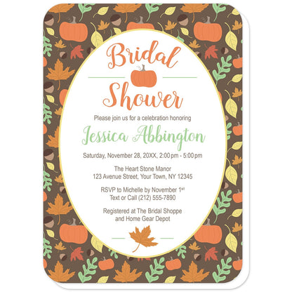 Autumn Pumpkins and Leaves Pattern Bridal Shower Invitations (with rounded corners) at Artistically Invited. Seasonally fun autumn pumpkins and leaves pattern bridal shower invitations with a cute pattern of orange pumpkins, fall leaves, and acorns over a brown background color. Your personalized autumn bridal shower invitation details are custom printed in orange, light green, and brown in a white oval over this illustrated fall pumpkins and leaves pattern background.