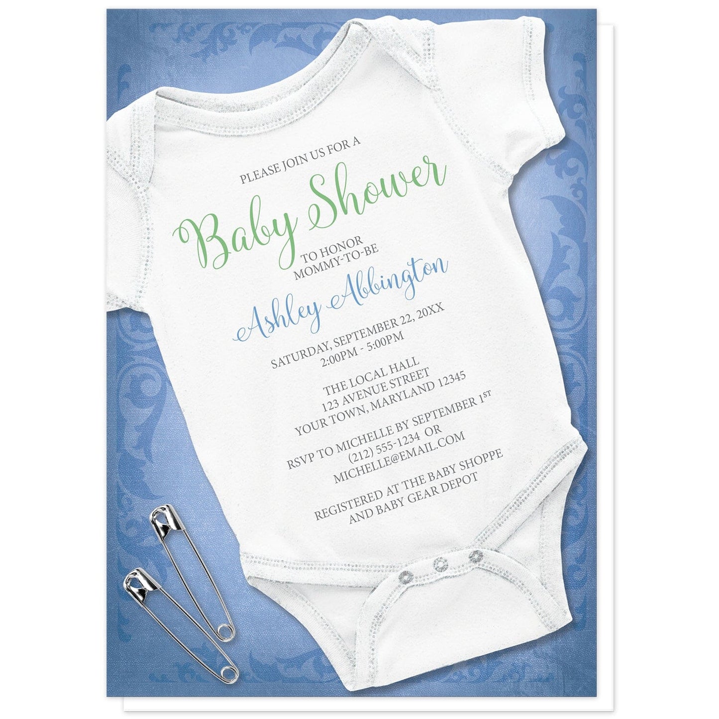 Baby Bodysuit and Safety Pins Blue Baby Shower Invitations at Artistically Invited. Baby bodysuit and safety pins blue baby shower invitations for the mommy-to-be designed with a white infant bodysuit and two safety pins to the side. These boy bodysuit baby shower invitations feature your personalized shower details custom printed in blue, green, and gray over the white infant bodysuit, over a uniquely detailed blue background design.