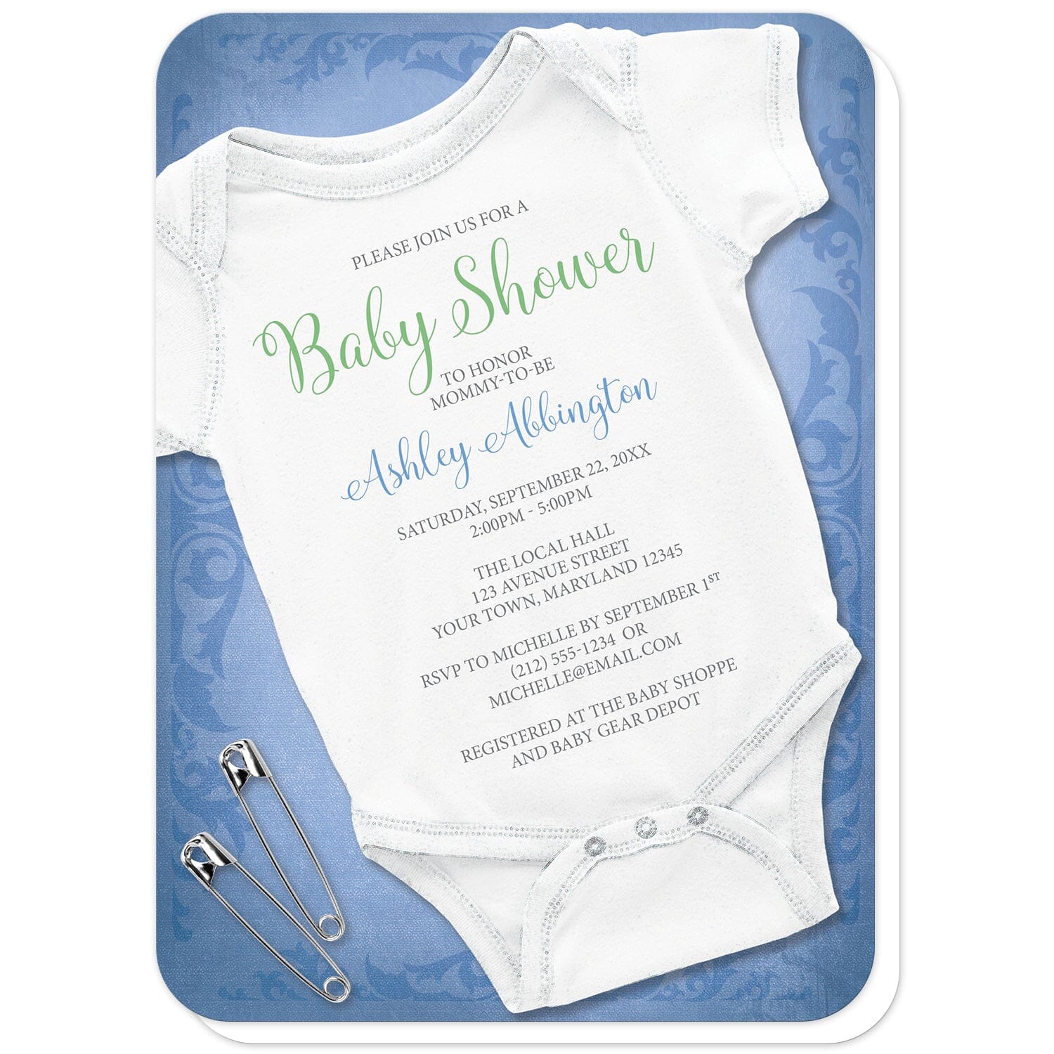 Baby Bodysuit and Safety Pins Blue Baby Shower Invitations (with rounded corners) at Artistically Invited. Baby bodysuit and safety pins blue baby shower invitations for the mommy-to-be designed with a white infant bodysuit and two safety pins to the side. These boy bodysuit baby shower invitations feature your personalized shower details custom printed in blue, green, and gray over the white infant bodysuit, over a uniquely detailed blue background design.