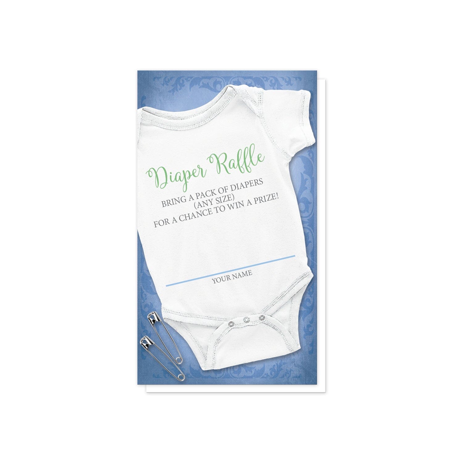 Baby Bodysuit and Safety Pins Blue Diaper Raffle Cards at Artistically Invited. Uniquely designed baby bodysuit and safety pins blue diaper raffle cards with an illustration of a white infant bodysuit and two safety pin over a blue flourish background. Your diaper raffle details are printed in green and gray with a blue line for the name on an angle over the white baby bodysuit. 