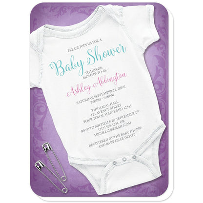 Baby Bodysuit and Safety Pins Purple Baby Shower Invitations (with rounded corners) at Artistically Invited. Baby bodysuit and safety pins purple baby shower invitations for the mommy-to-be designed with a white infant bodysuit and two safety pins to the side. These girl baby shower invitations feature your shower details in teal, pink, and gray over the white infant bodysuit, over a uniquely detailed purple background design. 