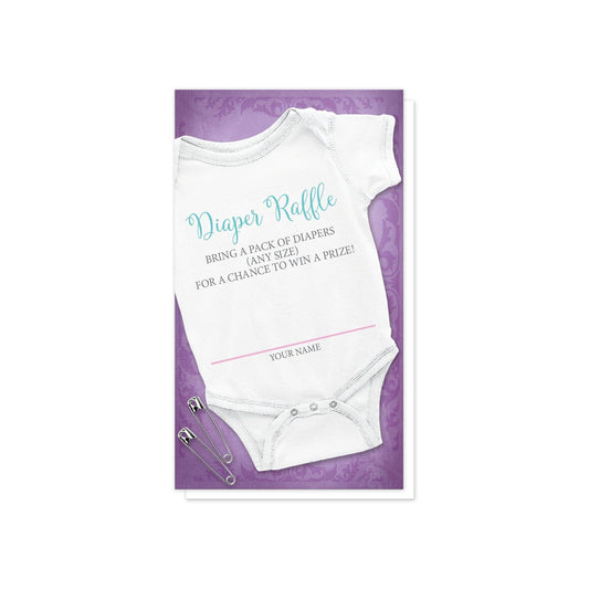 Baby Bodysuit and Safety Pins Purple Diaper Raffle Cards at Artistically Invited. Uniquely designed baby bodysuit and safety pins purple diaper raffle cards with an illustration of a white infant bodysuit and two safety pin over a purple flourish background. Your diaper raffle details are printed in teal and gray with a pink line for the name on an angle over the white baby bodysuit. 