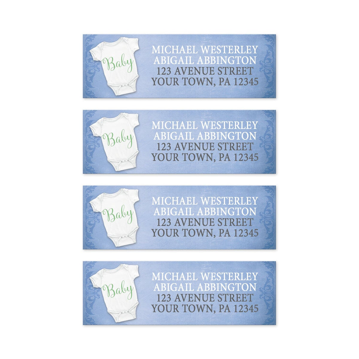Baby Address Labels Baby Bodysuit on Blue Address Labels – Artistically Invited