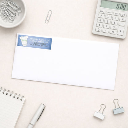 Baby Bodysuit on Blue Address Labels shown on a white envelope with office supplies